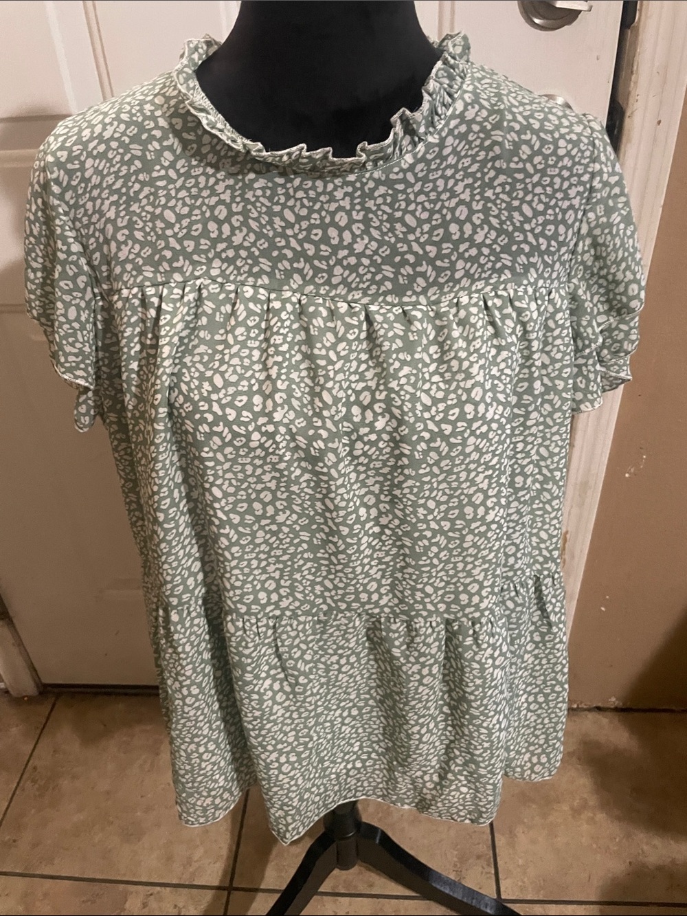 Ruffle Neck Sage Green Printed Tunic Top